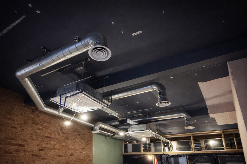 Exposed spiral ductwork and ceiling diffusers during fresh air & ventilation installation in a London commercial interior.